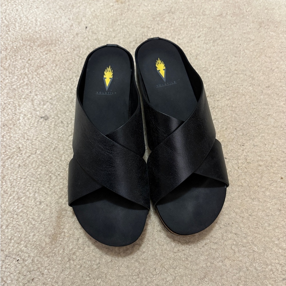 Volatile Black Cross-Band Slide Sandals - Women
